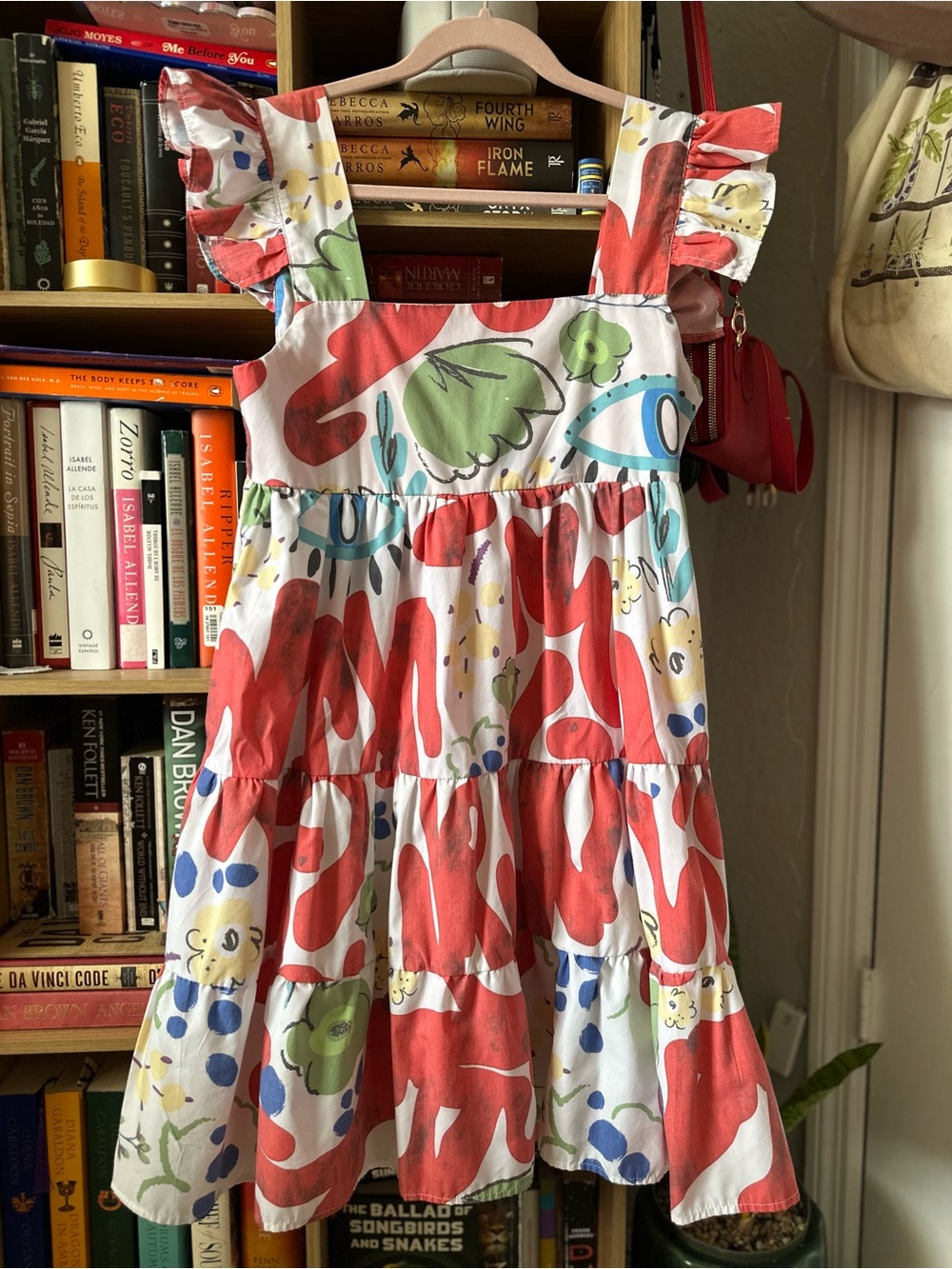Review Abstract Evil Eye Graphic Tiered Ruffle Dress - Size S